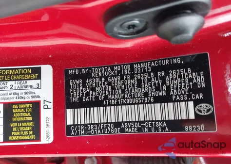 2013 Toyota Camry Se z USA, uszkodzony, nr VIN 4T1BF1FK9DU657976